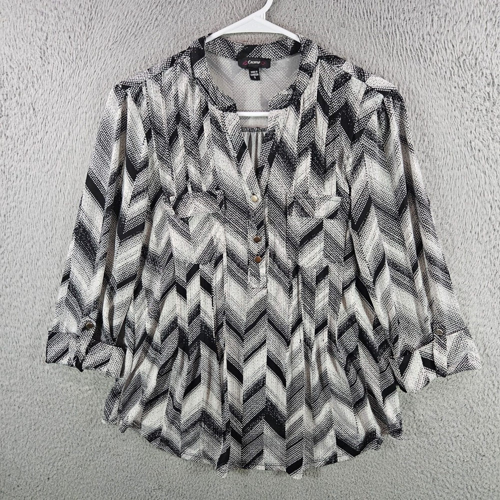 Cocomo Womens Black White Chevron Zig Zag 3/4 Roll Tab Sleeve Blouse Small